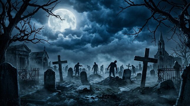 A chilling group of undead zombies rising from their graves in a dark misty graveyard under a full moon