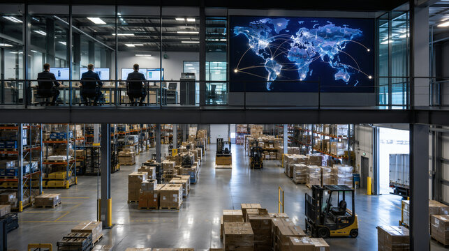 Modern warehouse logistics center with office staff monitoring computers above pallets, forklifts, shelving and a large digital world map showing global shipping routes.