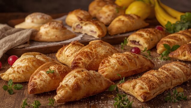 Homemade golden baked pastries filled with various ingredients&mdash;Italian calzones, empanadas, pierogies, or mini puff pastries with sweet or savory fillings.