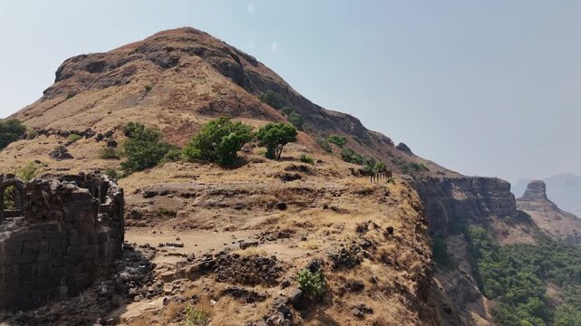 Ratangad fort stone bastion ruin towards the summit Maharashtra India
