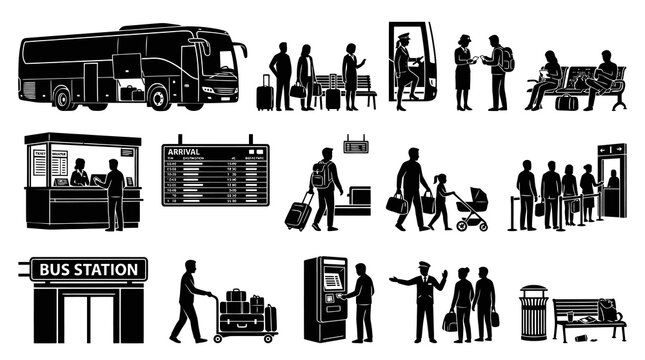 Black and White Icons for Travel and Transportation - Bus Station, Passengers, Luggage