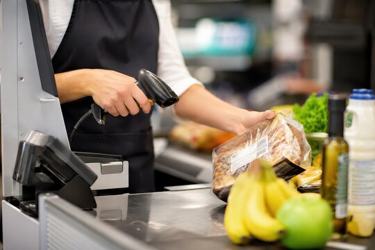 Cashier scanning grocery items at checkout counter