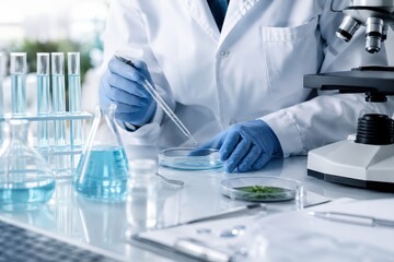 Fototapeta premium Scientist conducting research in a laboratory with test tubes, beakers, and a microscope