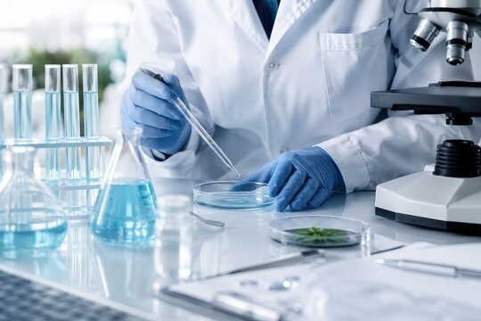 Scientist conducting research in a laboratory with test tubes, beakers, and a microscope