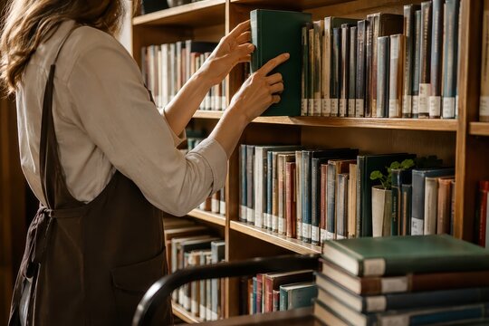 Woman reaching for a book on a library shelf, surrounded by rows of knowledge