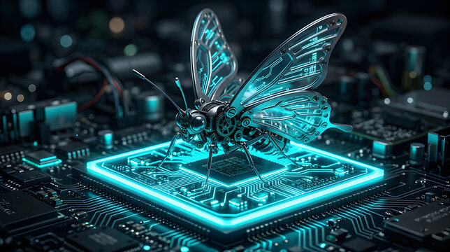 Macro realistic photo of a metallic mechanical butterfly landing on a glowing neon cyan microchip.