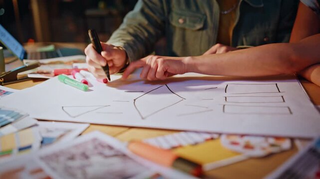 Designers sketching wireframe layout paper. Coworkers planning app night studio.