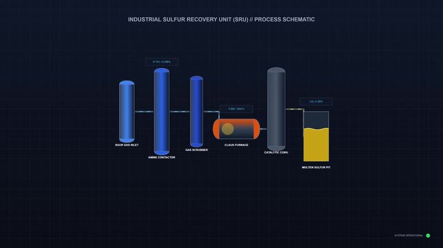 Industrial sulfur recovery unit process schematic showing chemical gas processing steps in a clean flat vector style.