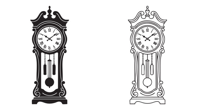 grandfather clock black silhouette and outline art vector icon
