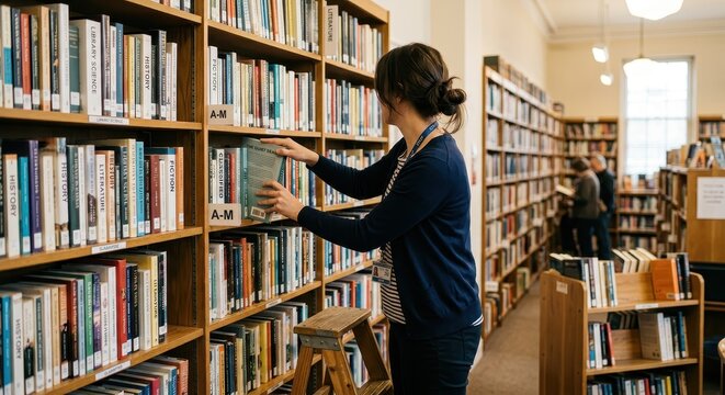 Librarian organizing books on shelves in a library