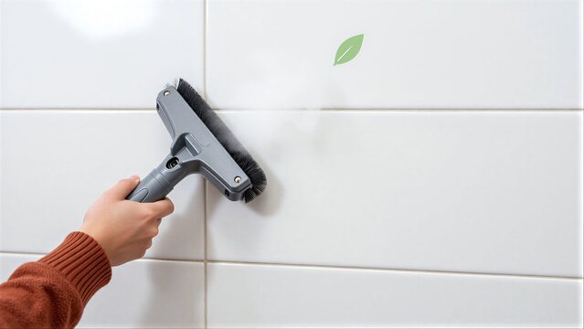 Hand brushes white tiled wall, green leaf sticker nearby.