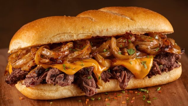 Hot, tasty Philly cheesesteak with gooey cheese and saut&eacute;ed onions on a toasted roll.