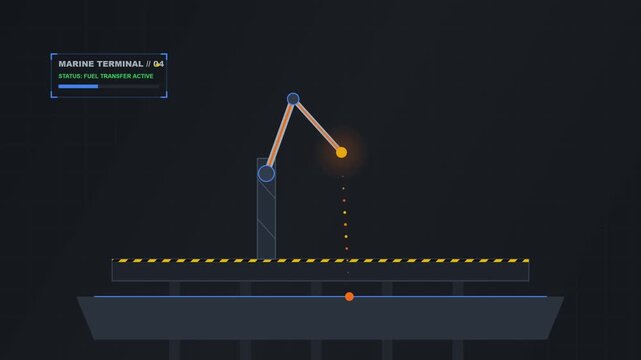 Flat vector motion graphic showing an automated fuel transfer at a digital marine terminal for shipping cargo