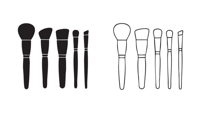makeup brushes black silhouette and outline art vector icon set