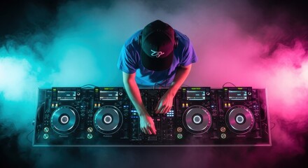 Obraz premium Professional DJ performing on a modern controller setup with colorful smoke and neon lights in a dark nightclub