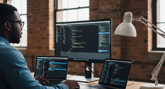 Black Male Software Developer Working on Multiple Screens with Code in Modern Brick Office Environment