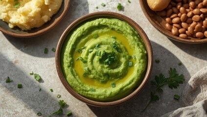 Naklejka na ściany i meble Herb-infused split pea puree with olive oil. Overhead view, empty space, flat arrangement.