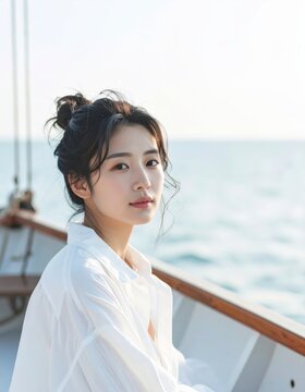 Young woman posing on a sailing boat at sea during a bright sunny day
