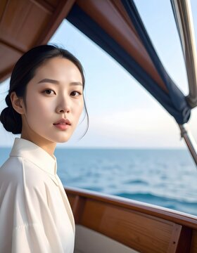 Young woman looking at the ocean while sailing on a wooden boat at sunset