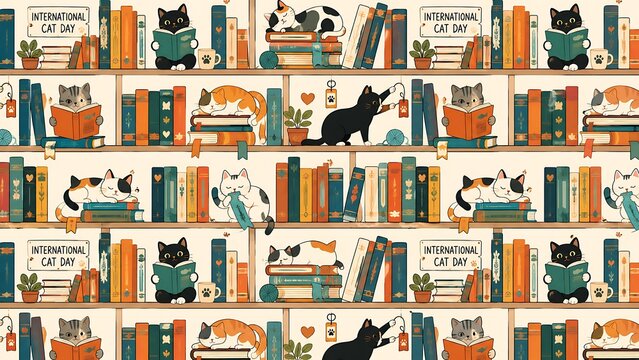 Cute cats reading books and sleeping on bookshelves seamless pattern background AI generated