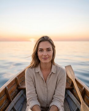Woman Relaxing on Wooden Boat in Calm Water During Golden Hour