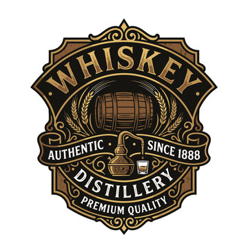 Detailed vintage whiskey distillery badge with barrel illustration.