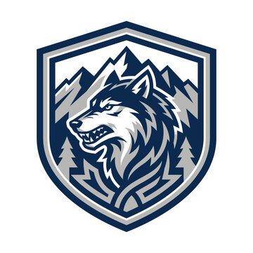 Detailed wolf mascot shield with mountain peak