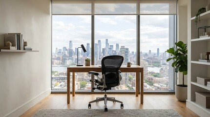 Obraz premium Modern home office with ergonomic chair and desk overlooking city skyline through large windows, bright natural light, minimalist decor, productive workspace