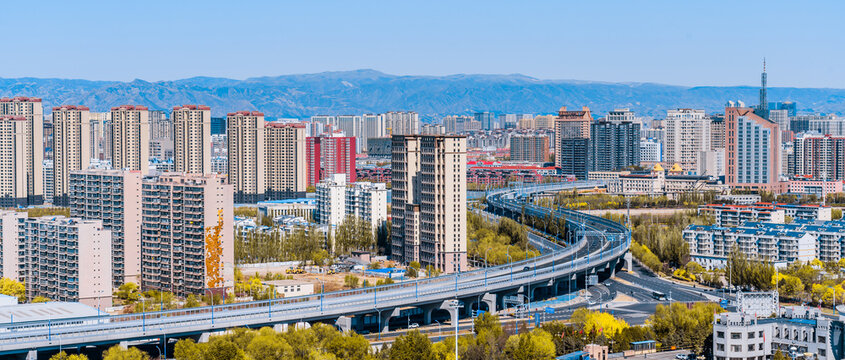 High angle view of urban skyline in Jinqiao District, Hohhot, Inner Mongolia, China
