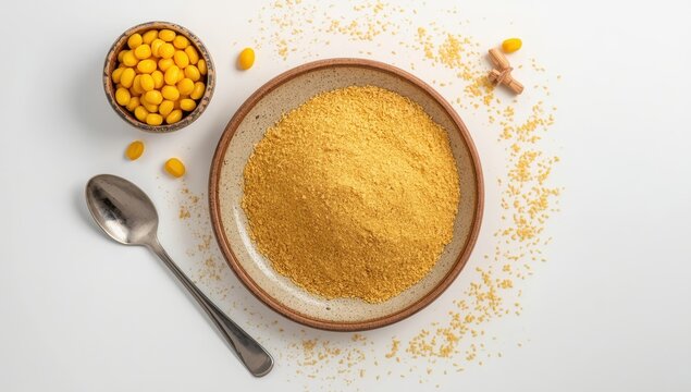 Top view of wheat semolina on a ceramic dish against a white backdrop. Organic semolina powder. Design feature, space for text.