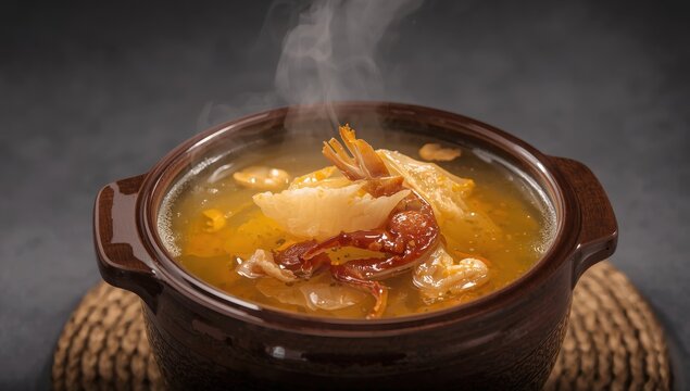 Thick soup with dried fish maw and crab meat in a pot, viewed from the side on a mat against a grey backdrop.