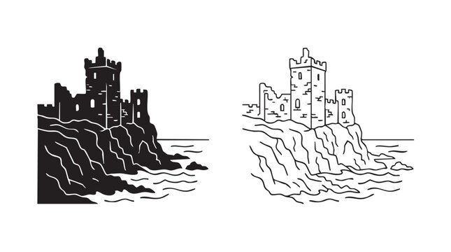 castle silhouette and outline art vector icon on rocky coastline black silhouette black silhouette and outline art vector icon