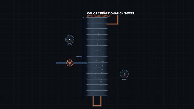 Minimalist flat vector graphic of a digital industrial fractionation tower interface monitoring oil and gas processing systems.