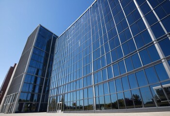 Fototapeta premium Modern glass skyscraper facade against a clear blue sky, corporate architecture design