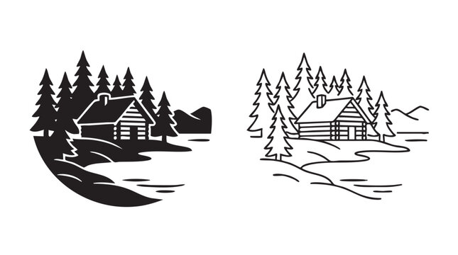 black silhouette of log cabin by lake with trees in outline art vector icon black black silhouette and outline art vector icon