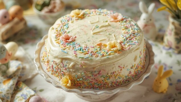 Classic Easter cake topped with white frosting and vibrant sprinkles on a dish. Celebratory treat for the holiday.