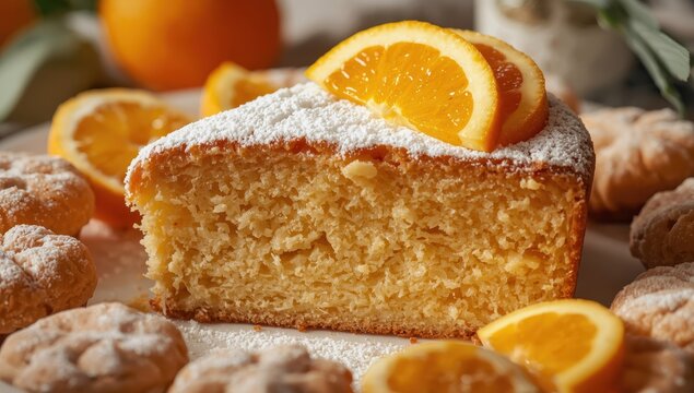 Tender orange pound cake sprinkled with icing sugar and adorned with fresh citrus. A traditional buttery cake with a delicate crumb, ideal for tea or home baking.