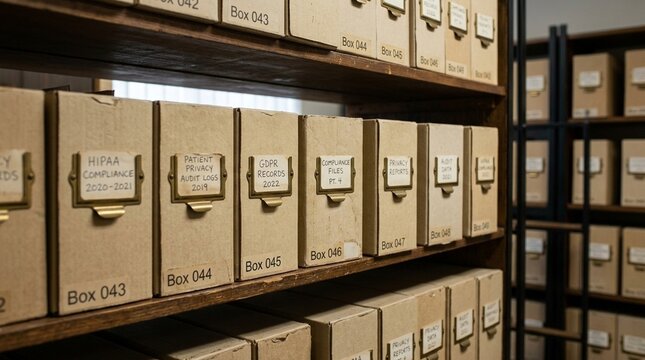 Records room shelf holding archived patient privacy compliance files in healthcare setting