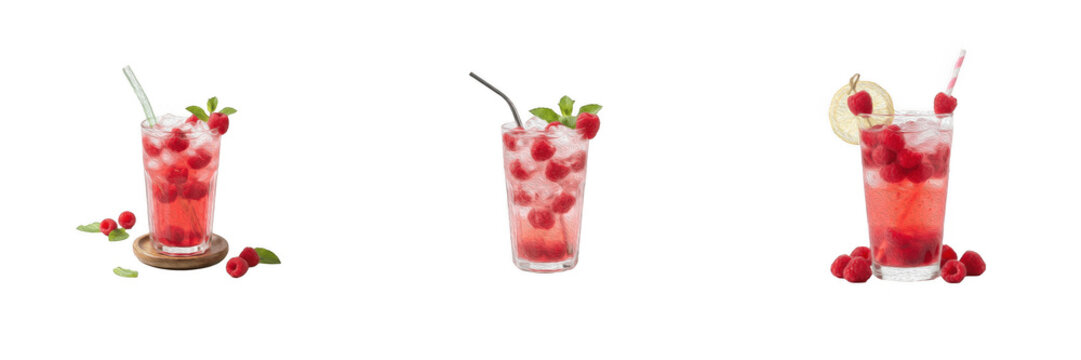 Fresh Raspberry Lemonade PNG Clipart Set, Iced Berry Cocktail Glass with Mint and Lime, Refreshing Summer Drink Graphic for Sublimation, Recipe Book, Menu Design, Stickers, Crafting, Transparent Backg