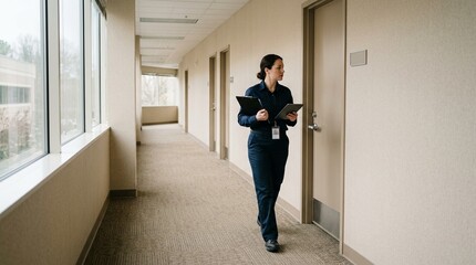 Fototapeta premium Routine morning compliance round with an officer checking each department before opening in healthcare setting