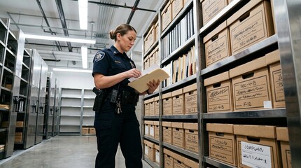 Fototapeta premium Standing beside a records shelf as an officer confirms archived compliance files in healthcare setting