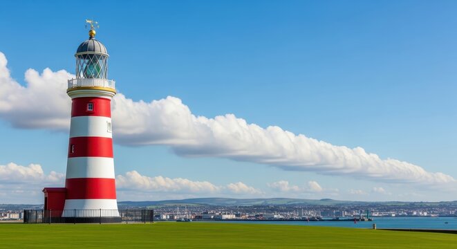 Smeaton's Tower Lighthouse with Red and White Stripes on Plymouth Hoe under Blue Sky with Long Cloud