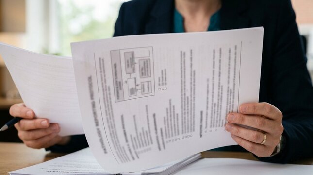 Oncology compliance officer reviewing a printed pathology reporting protocol in healthcare setting