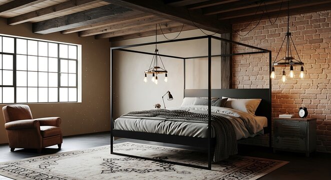 Industrial style bedroom featuring metal canopy bed and brick wall