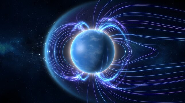 Glowing blue alien planet with magnetic force lines