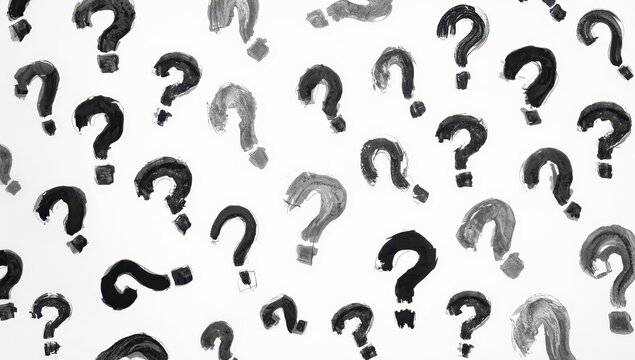 Black chalk question marks on a white surface. Business ideas, uncertainties, concerns.
