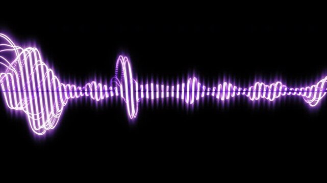 Glowing purple audio waveform visualizer pulsating and oscillating to multi-frequency music signals on a black background. Digital sound frequency