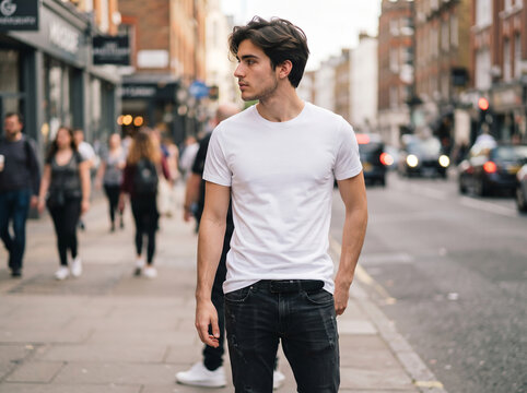 Confident handsome young man in white t-shirt walking casually down a city street