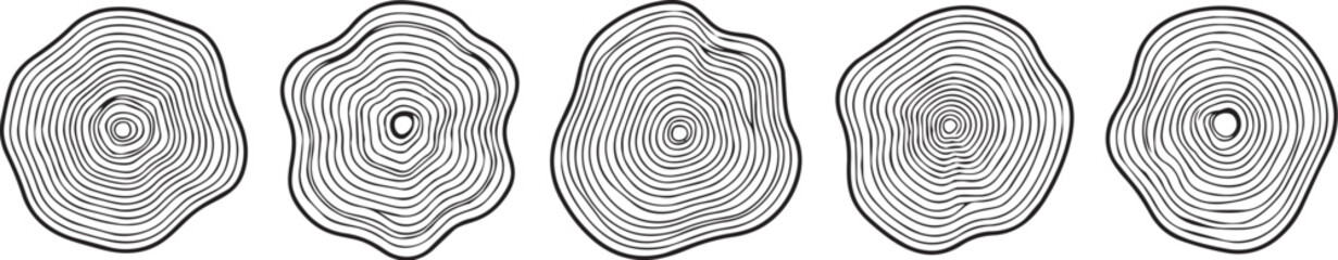 Set of five detailed tree trunk cross sections with organic circular growth rings in a simple black line art style © sajed