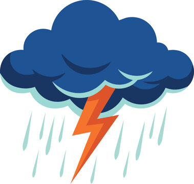 Thunderstorm flat vector illustration with cloud rain and lightning bolt